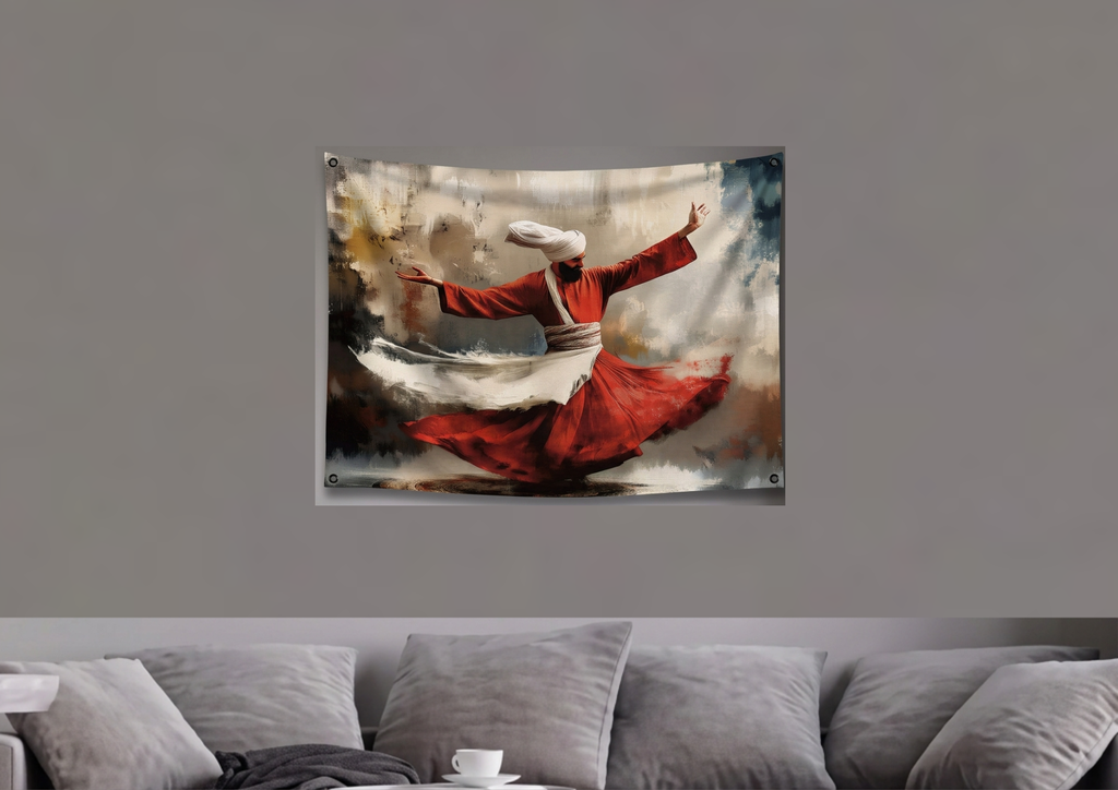 Sufi dervish velvet wall tapestry – room mockup showing tapestry hung on bedroom wall