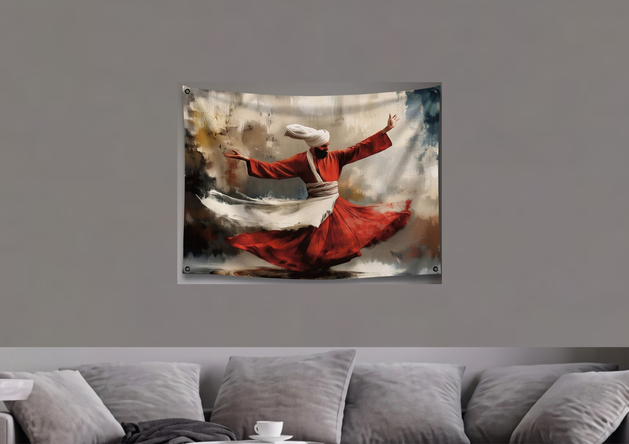 Sufi dervish velvet wall tapestry – room mockup showing tapestry hung on bedroom wall