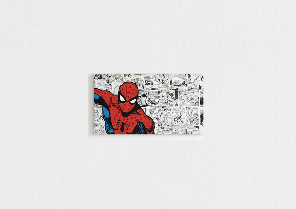 Spider-Man Comic velvet wall tapestry – bold red and blue center print surrounded by vintage-style black and white comic panels in retro Marvel layout