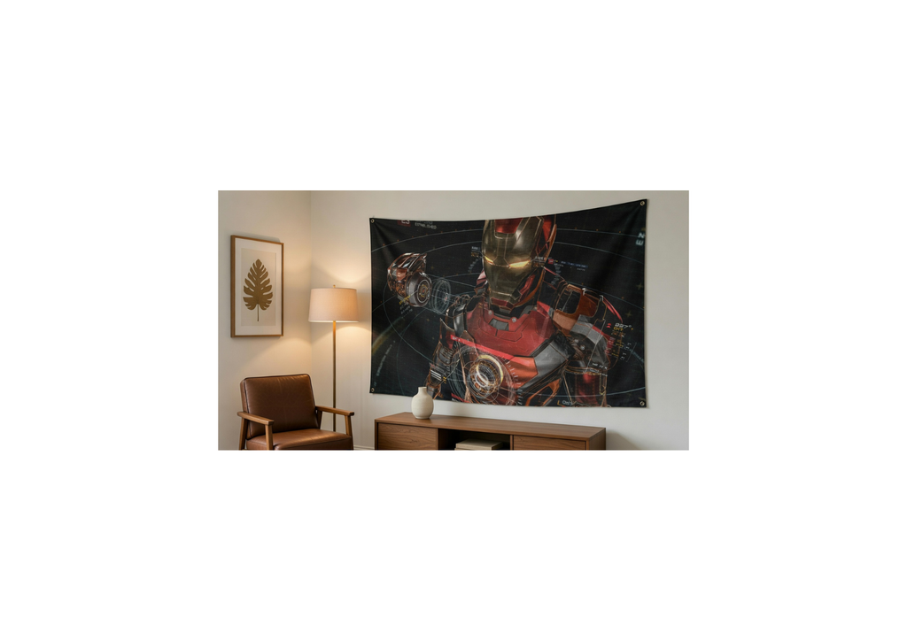 Iron Man HUD velvet wall tapestry – futuristic Stark Industries tech blueprint art mockup on gaming room wall