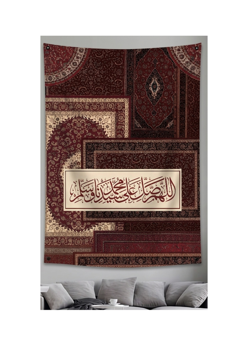 Islamic Persian calligraphy velvet wall tapestry – room mockup showing tapestry hung on bedroom wall