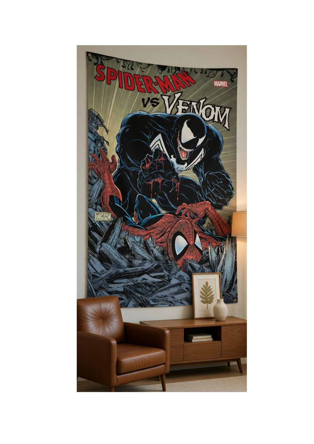 Spider-Man vs Venom velvet wall tapestry – vintage Marvel comic cover rivalry art mockup on bedroom wall