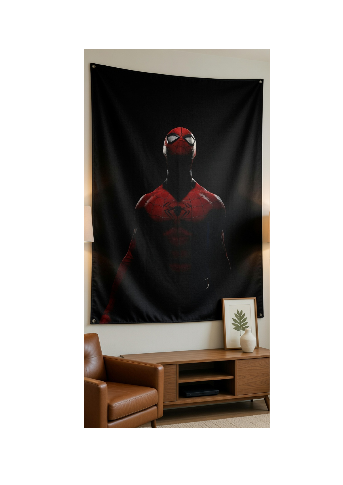 Spider-Man Dark velvet wall tapestry – cinematic minimal Marvel portrait mockup on bedroom wall