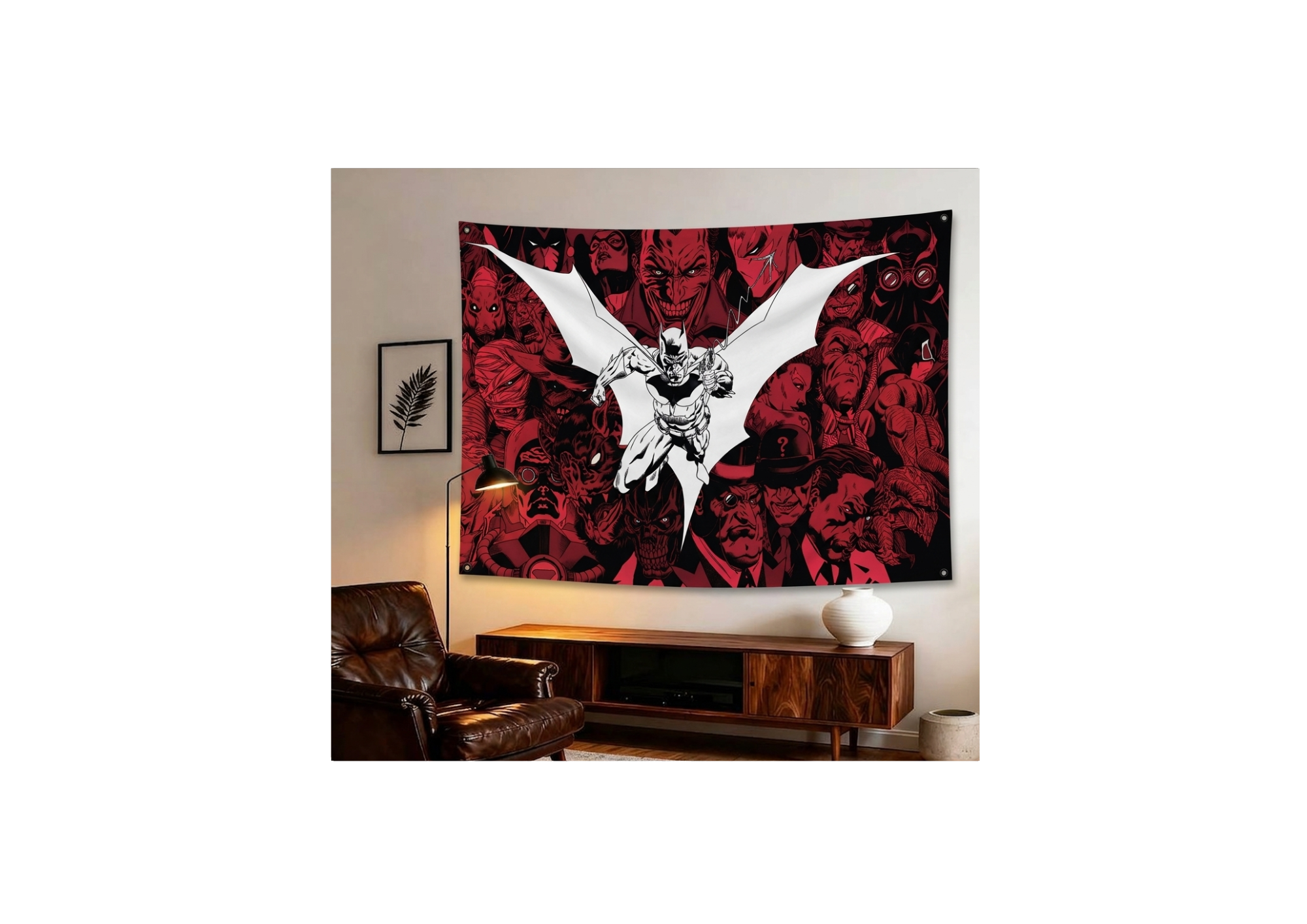 Batman Villains velvet wall tapestry – DC rogues gallery crimson comic art mockup on bedroom wall
