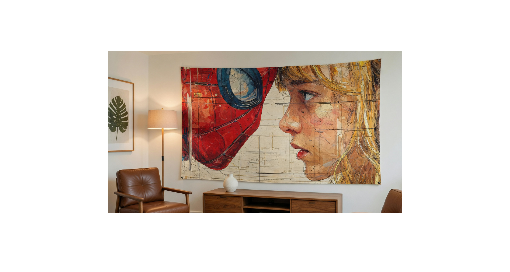 Spider-Man and Gwen velvet wall tapestry – romantic Marvel blueprint fine art mockup on bedroom wall