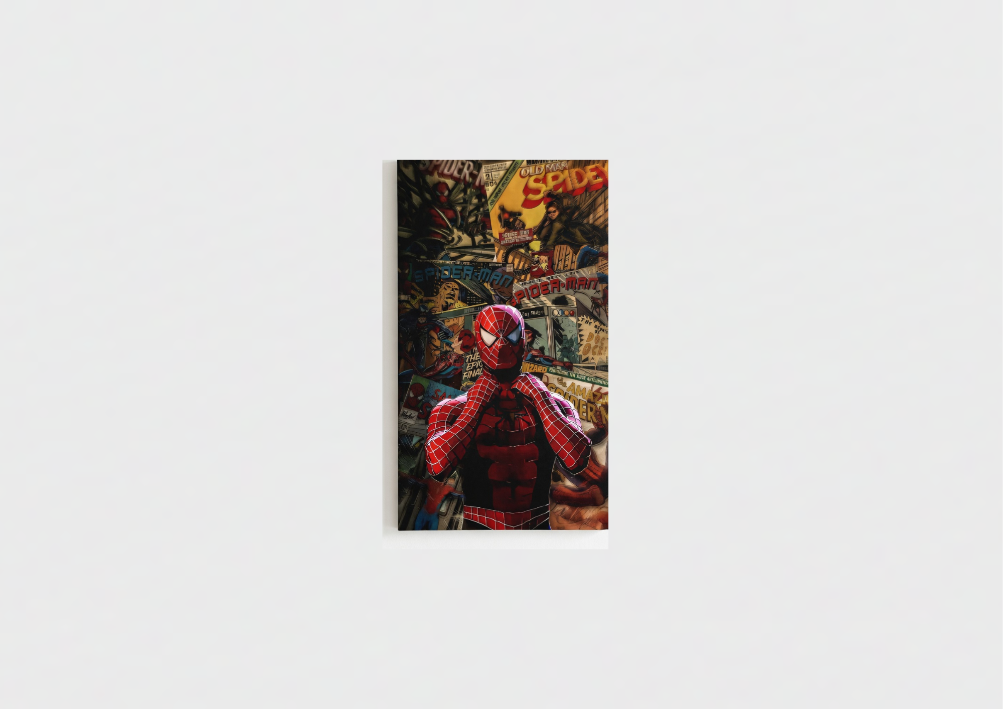 Spider-Man comic collage velvet wall tapestry – layered decades of Marvel covers and panels with classic red-suit Spidey front and center