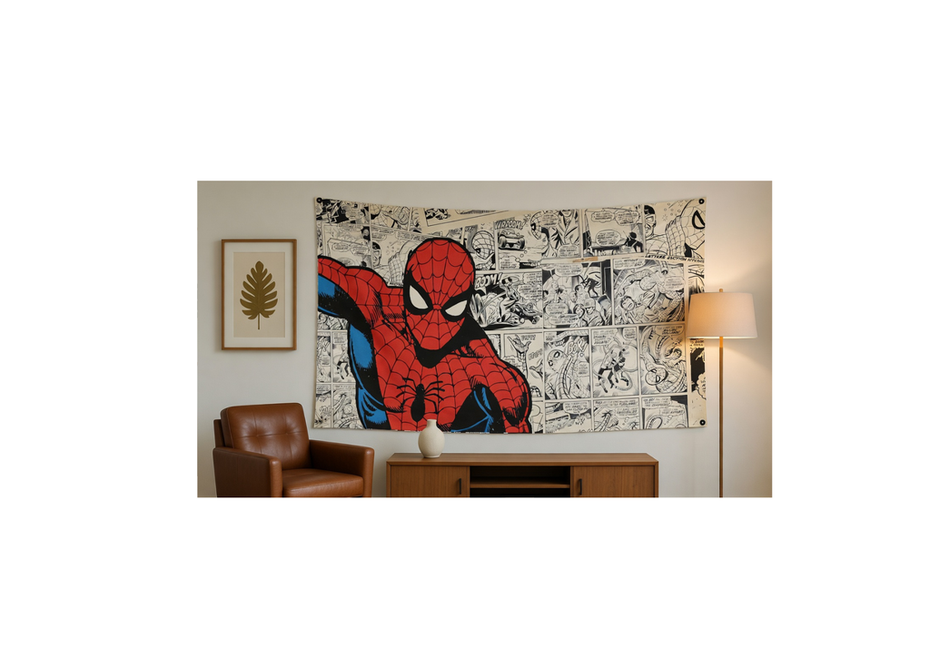 Spider-Man Comic velvet wall tapestry – vintage comic book Marvel art mockup on bedroom wall