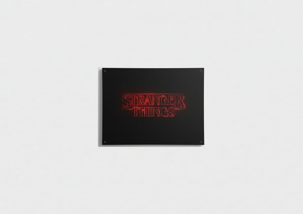 Stranger Things velvet wall tapestry – iconic red neon title logo on pure jet black background retro horror aesthetic