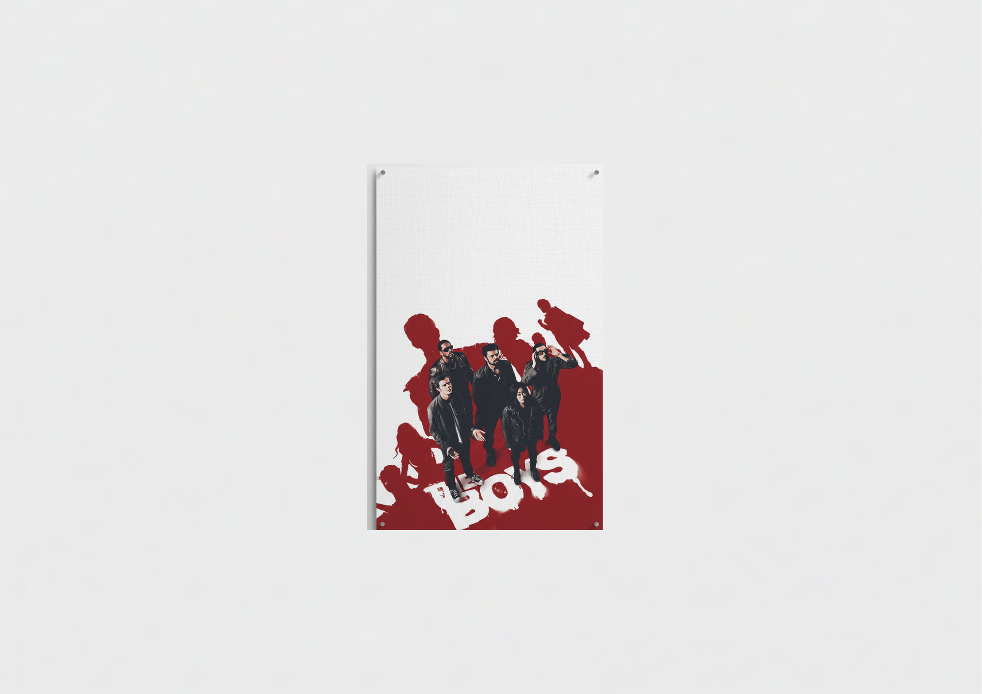 The Boys TV show velvet wall tapestry – bold red and white cast silhouette graphic poster with dripping logo on high-contrast background