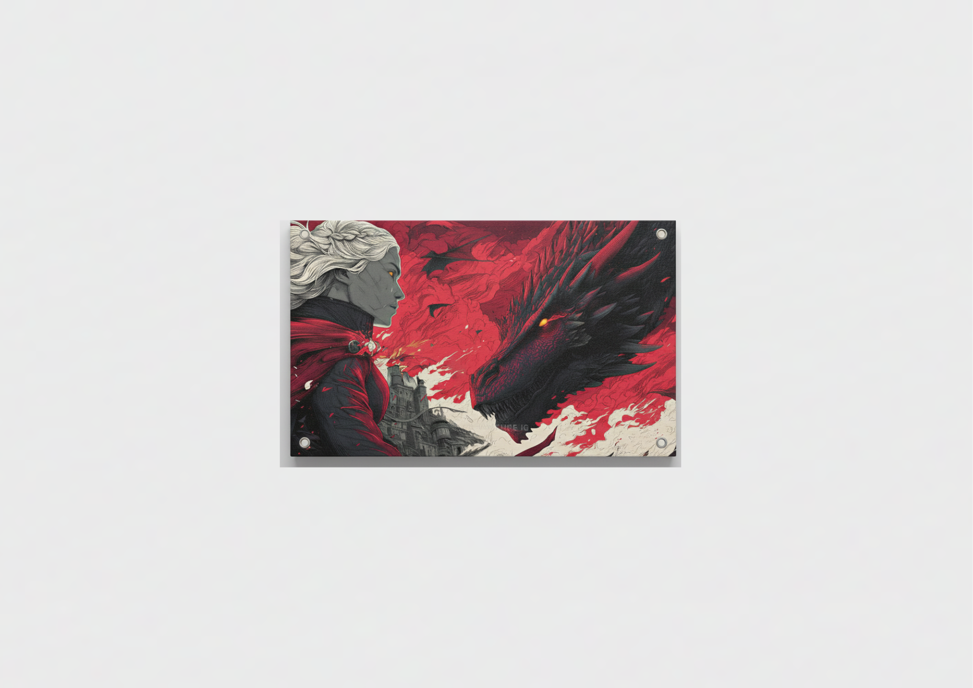 Dragon Queen velvet wall tapestry – silver-haired Targaryen queen in profile with massive black dragon breathing fire in red and black cinematic illustration