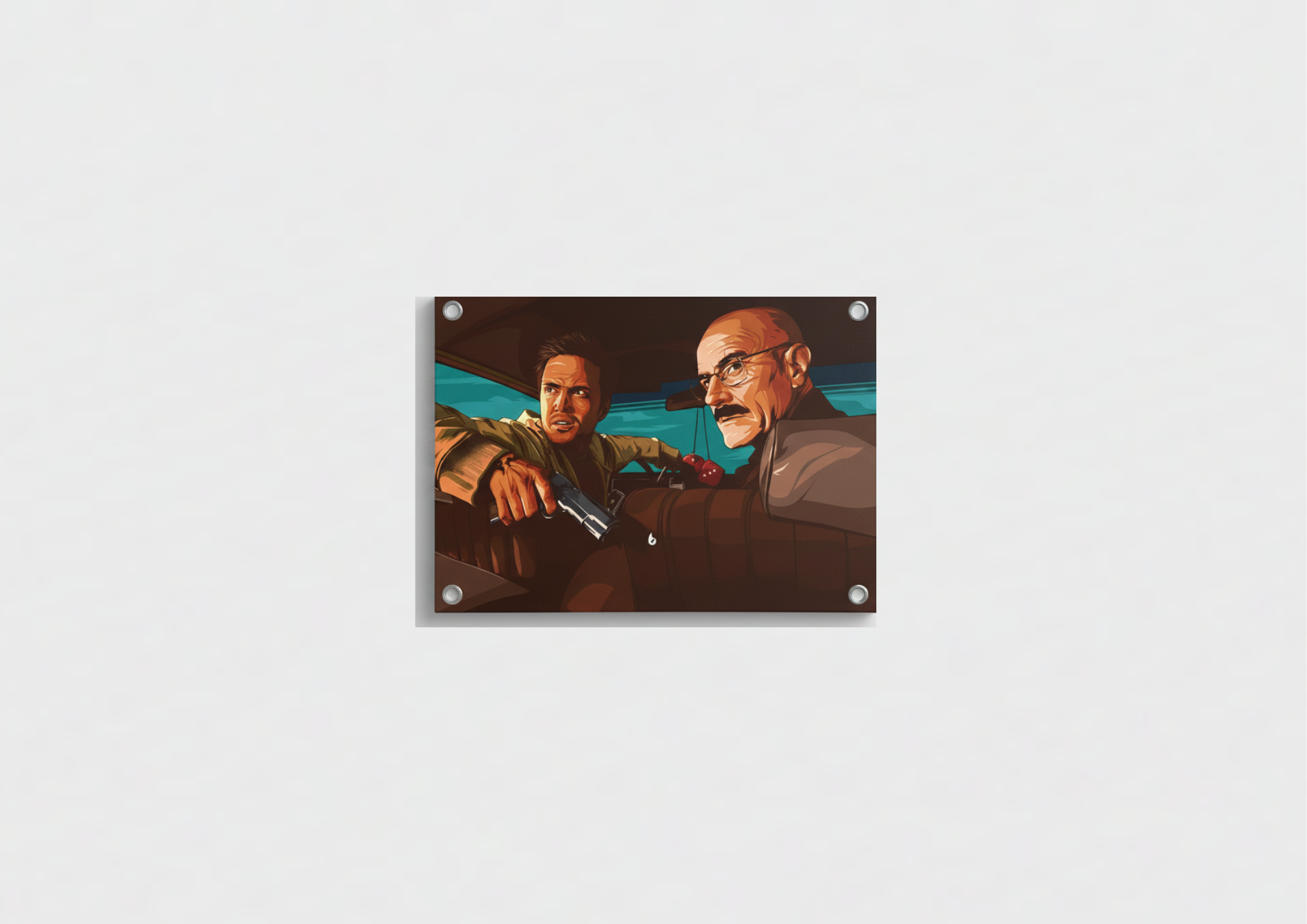 Breaking Bad Walter and Jesse velvet wall tapestry – GTA-style illustrated portrait of Walt and Jesse in car with cinematic earth tones and teal accents