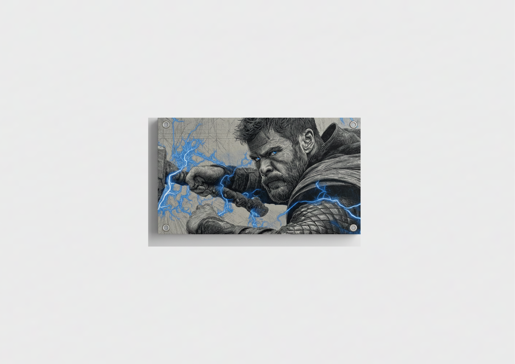 Thor God of Thunder velvet wall tapestry – pencil sketch portrait with electric blue lightning cracking through greyscale