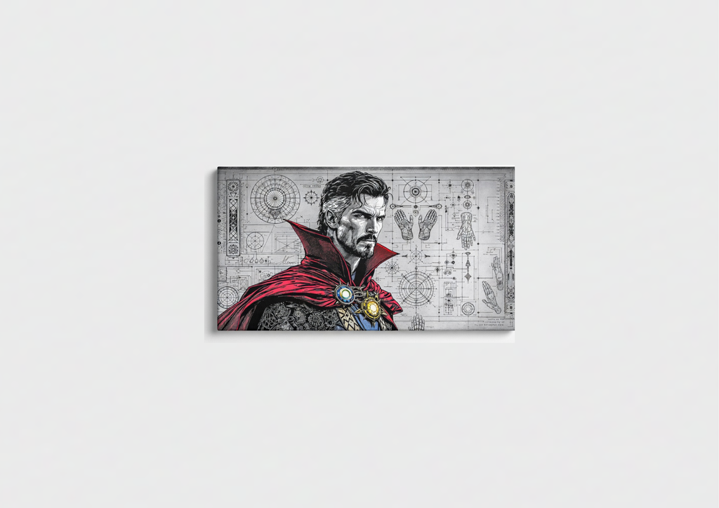 Doctor Strange velvet wall tapestry – Sorcerer Supreme in blueprint comic art with mystic symbols and technical diagrams on grey background
