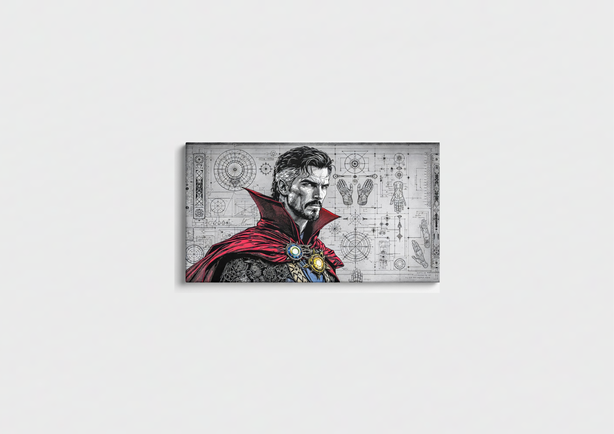 Doctor Strange velvet wall tapestry – Sorcerer Supreme in blueprint comic art with mystic symbols and technical diagrams on grey background