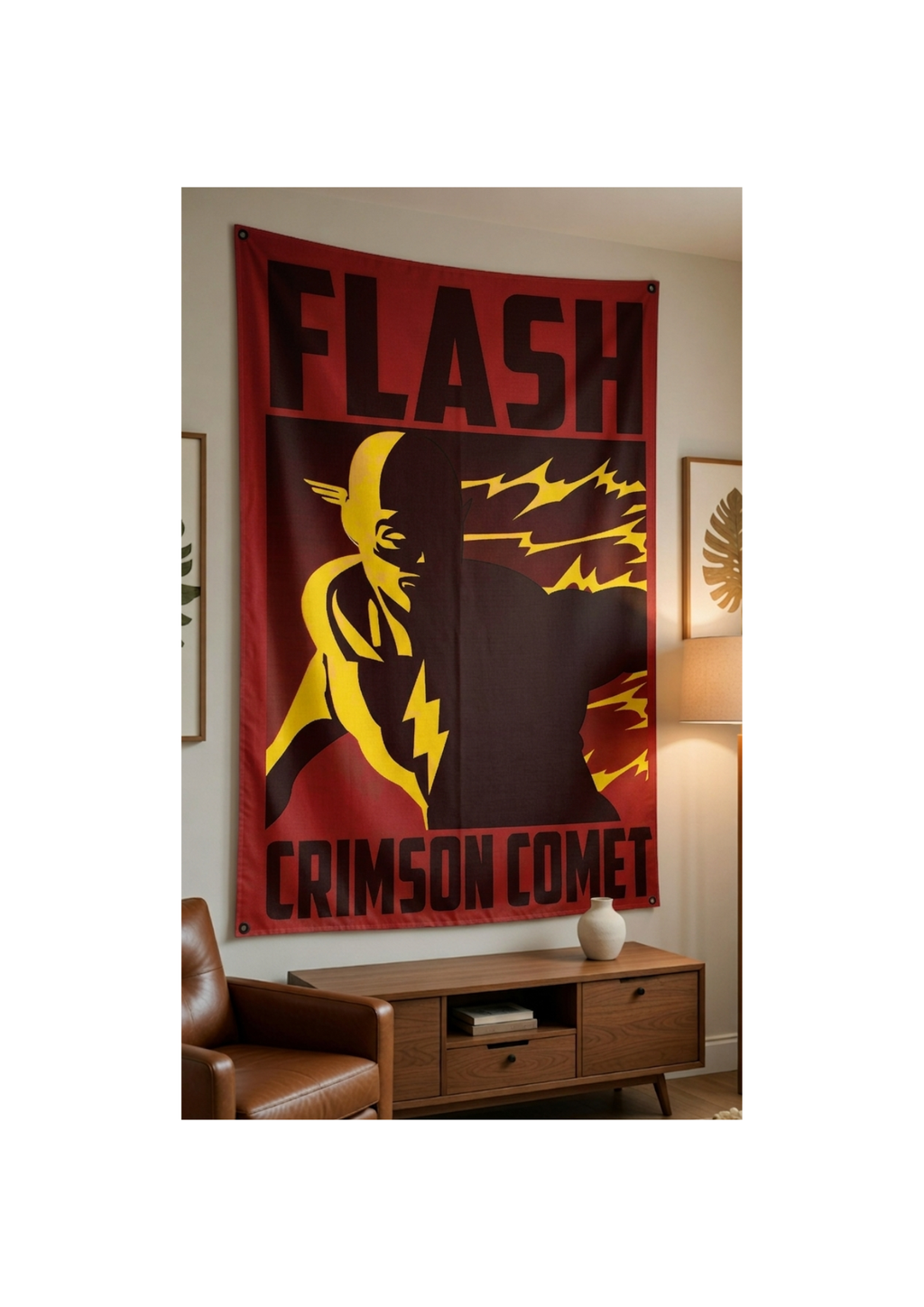 The Flash velvet wall tapestry – vintage DC crimson and gold retro poster art mockup on bedroom wall