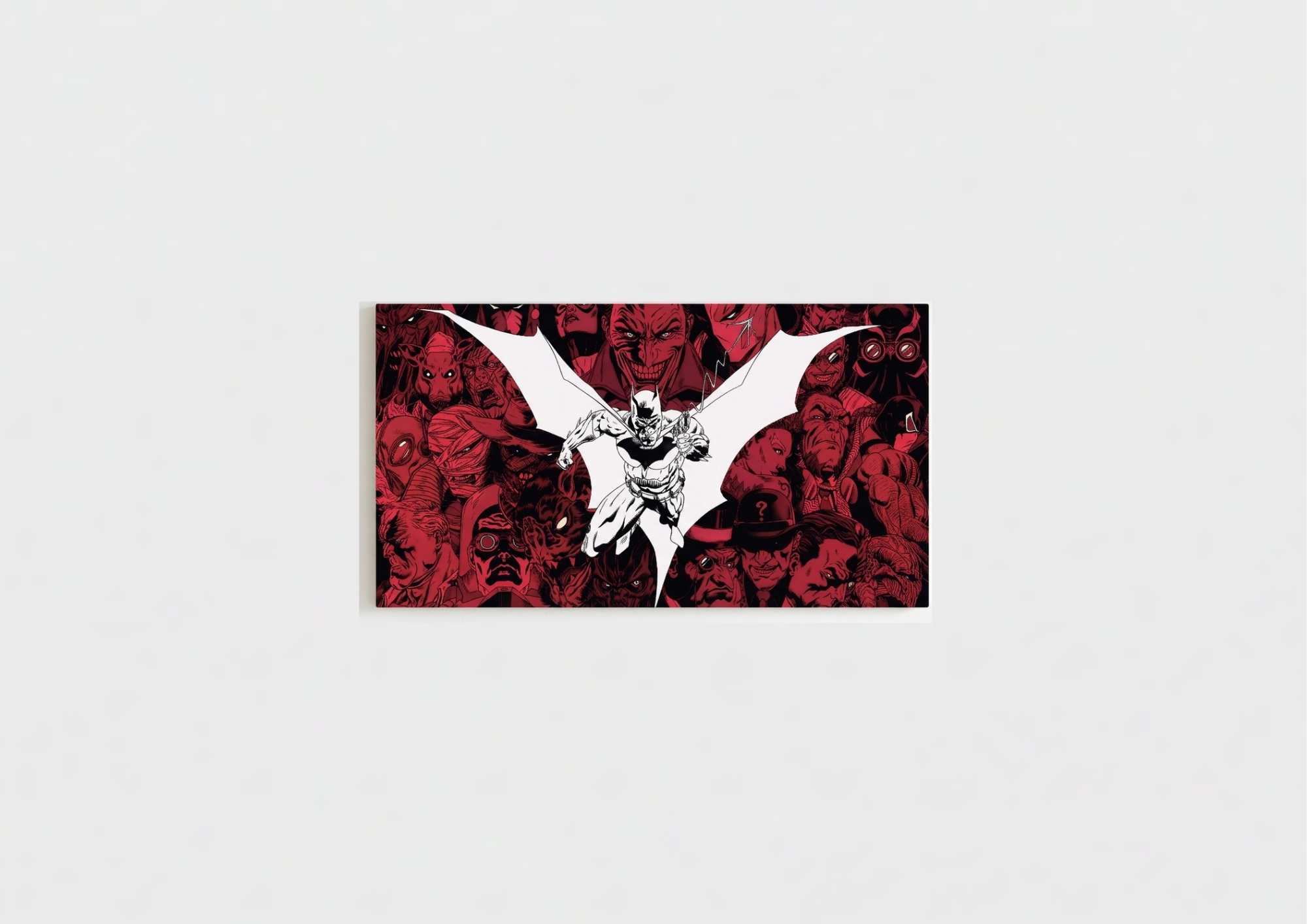 Batman Villains velvet wall tapestry – Batman in black and white charging forward with Joker Riddler and Gotham rogues gallery looming in deep crimson behind him