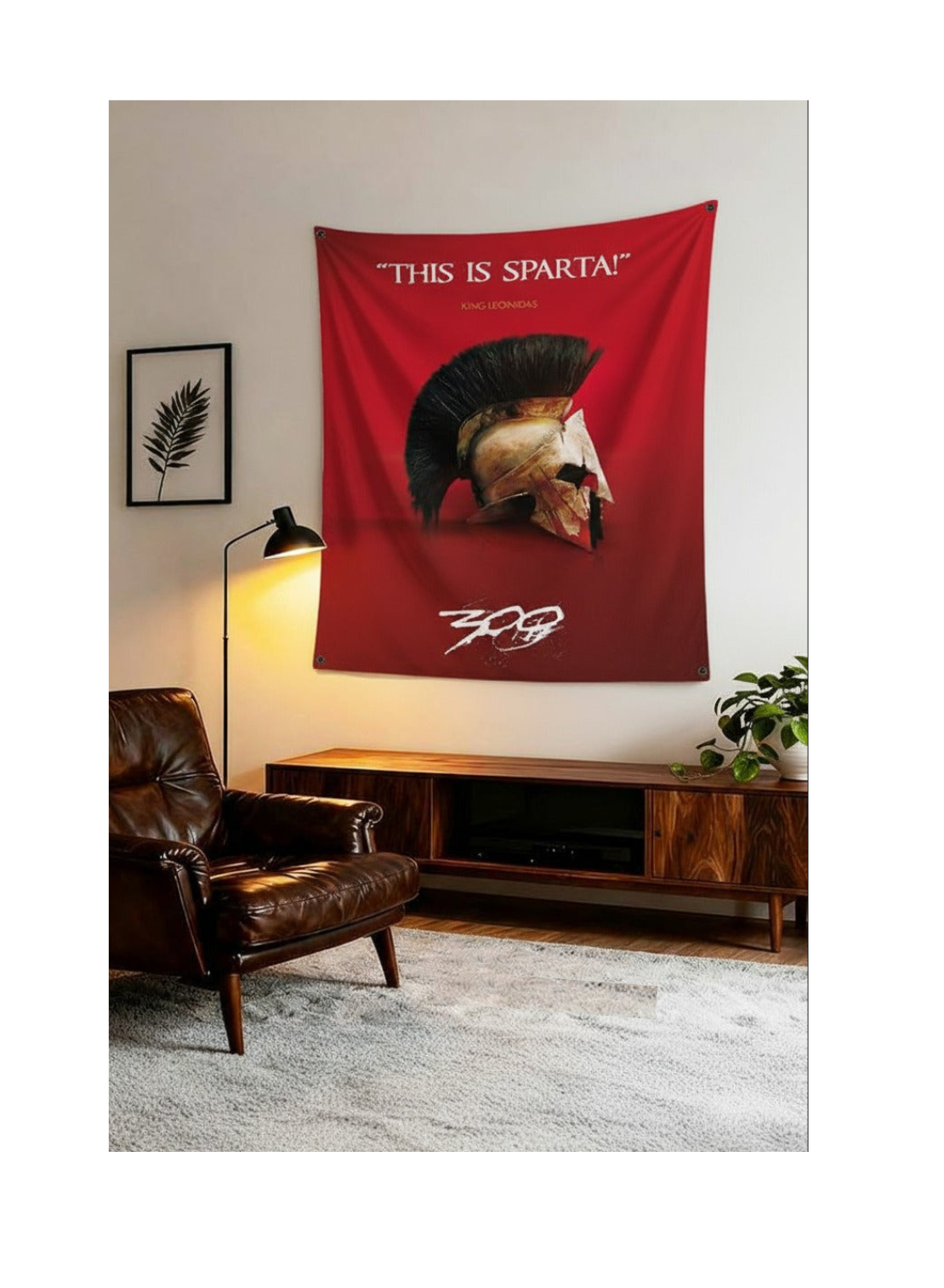 Spartan warrior helmet velvet wall tapestry – ancient Greek dark masculine decor mockup on bedroom wall