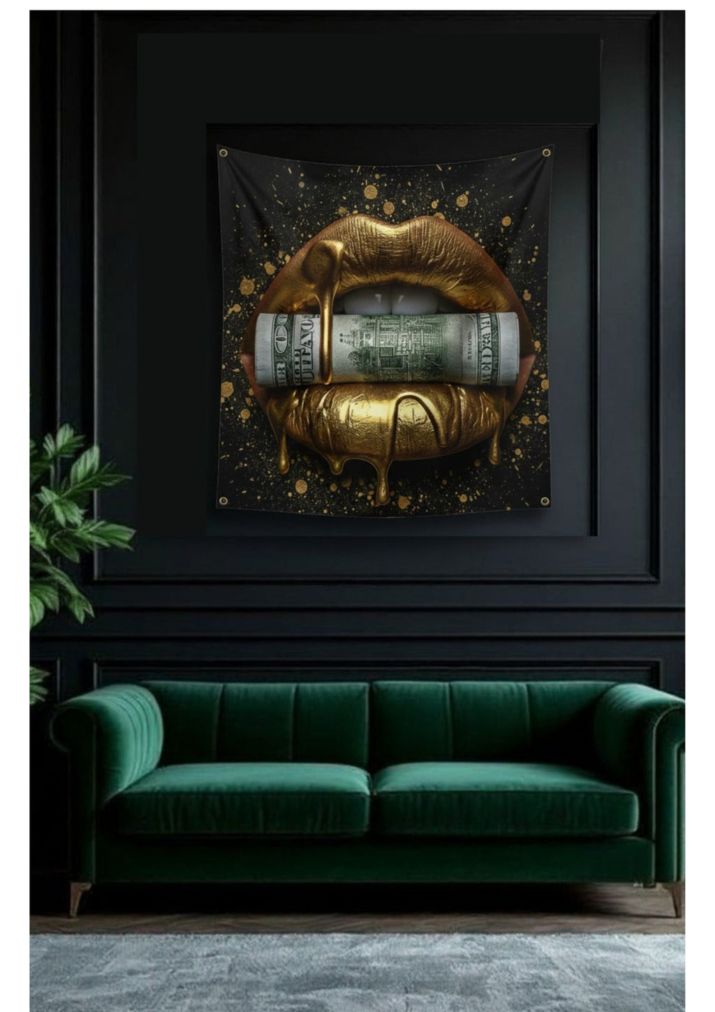Gold dripping lips velvet wall tapestry – room mockup showing tapestry hung on bedroom wall