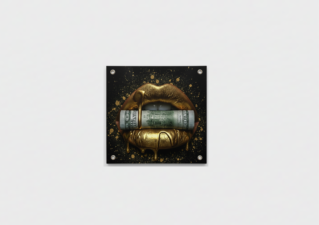 Gold dripping lips velvet wall tapestry – molten gold lips biting a dollar bill with gold splatter on black background flat product view