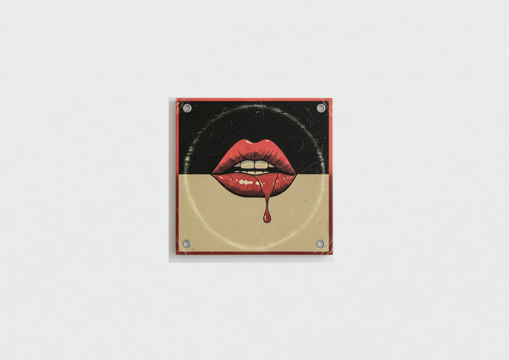 Vintage red dripping lips velvet wall tapestry – bold red illustrated lips on distressed black and cream split background flat product view
