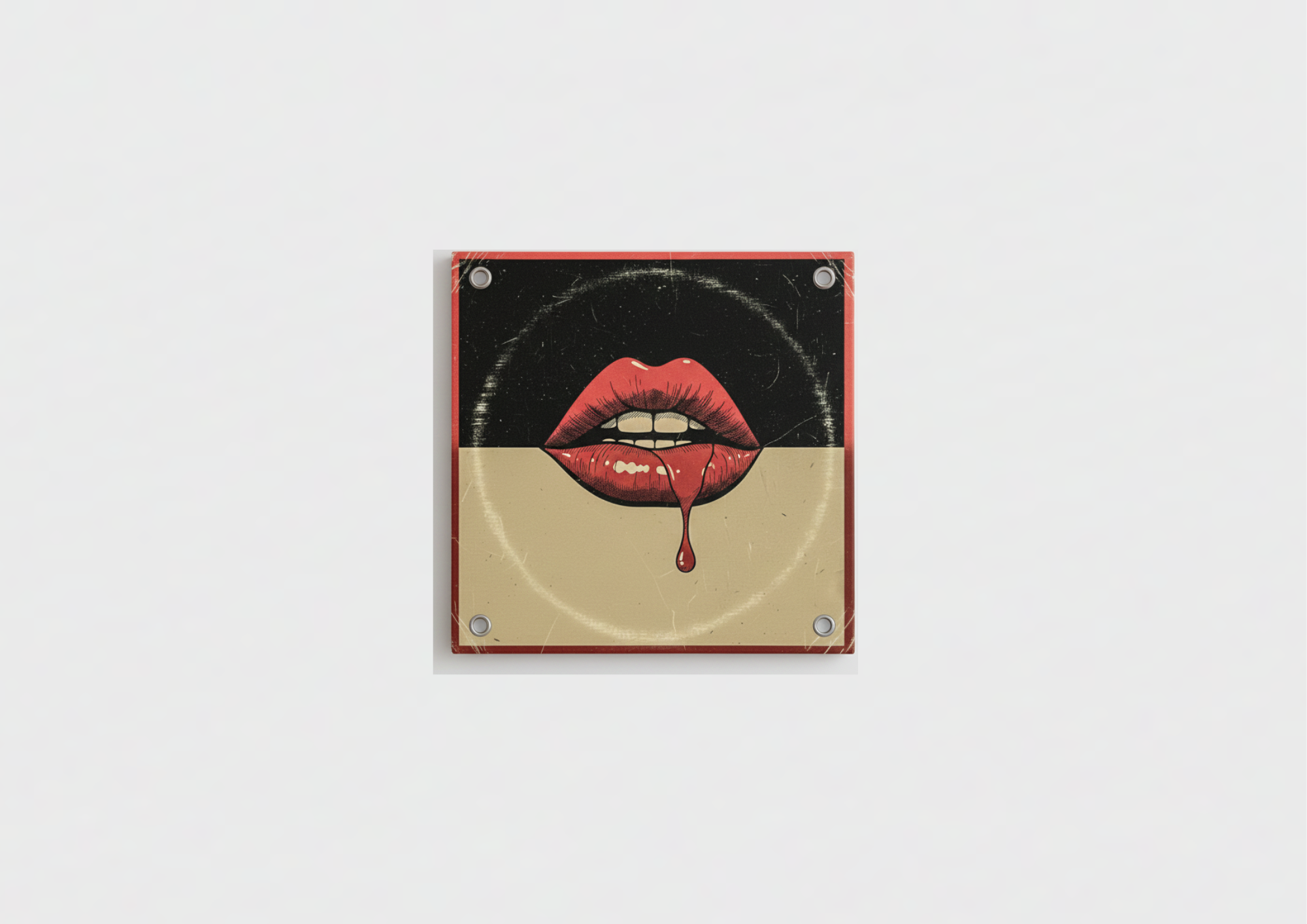 Vintage red dripping lips velvet wall tapestry – bold red illustrated lips on distressed black and cream split background flat product view