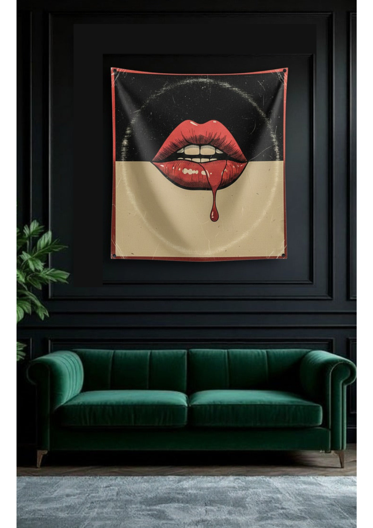 Vintage red dripping lips velvet wall tapestry – room mockup showing tapestry hung on bedroom wall