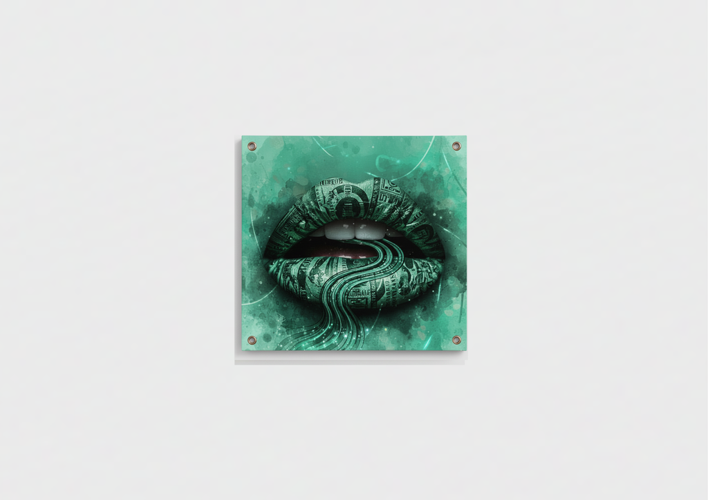 Money lips dollar velvet wall tapestry – room mockup showing tapestry hung on bedroom wall