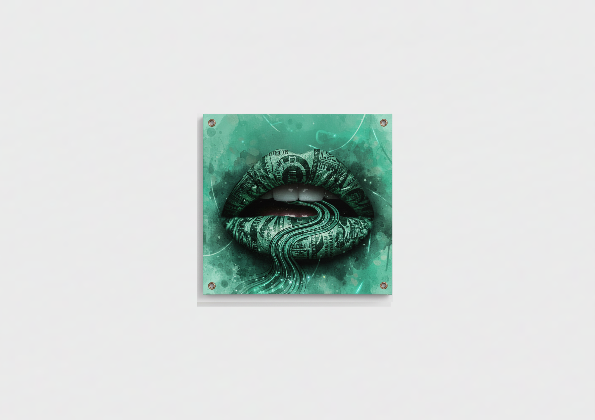 Money lips dollar velvet wall tapestry – room mockup showing tapestry hung on bedroom wall