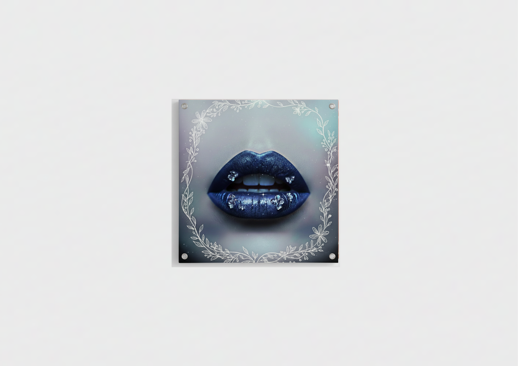 Blue jewel lips velvet wall tapestry – deep navy lips with diamond crystals and white botanical line art on grey background flat product view