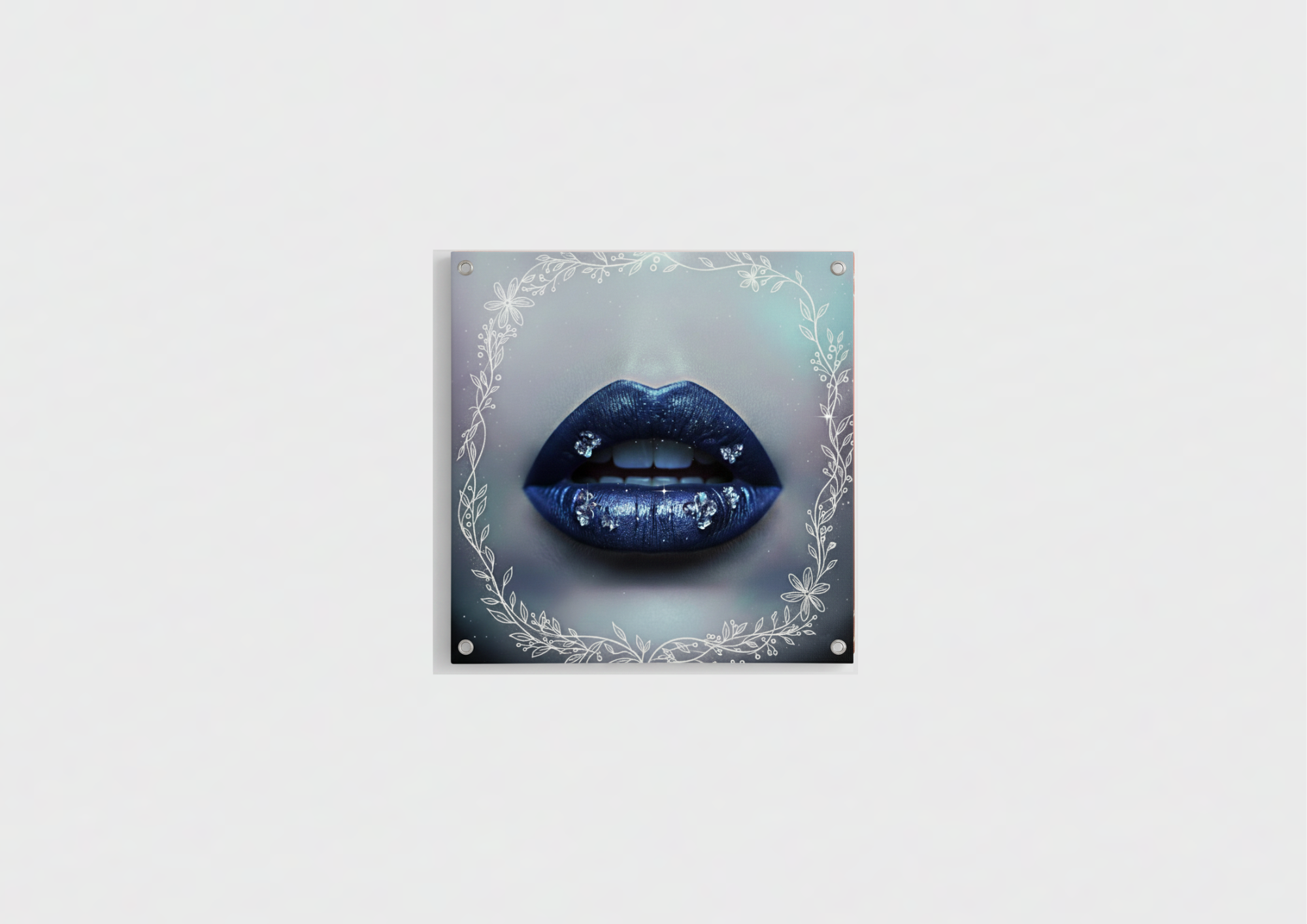 Blue jewel lips velvet wall tapestry – deep navy lips with diamond crystals and white botanical line art on grey background flat product view