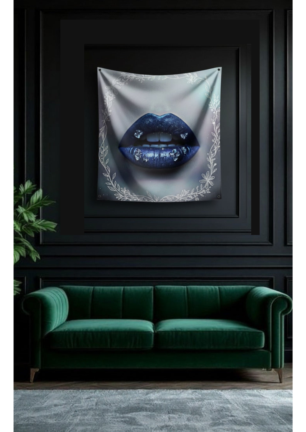 Blue jewel lips velvet wall tapestry – room mockup showing tapestry hung on bedroom wall