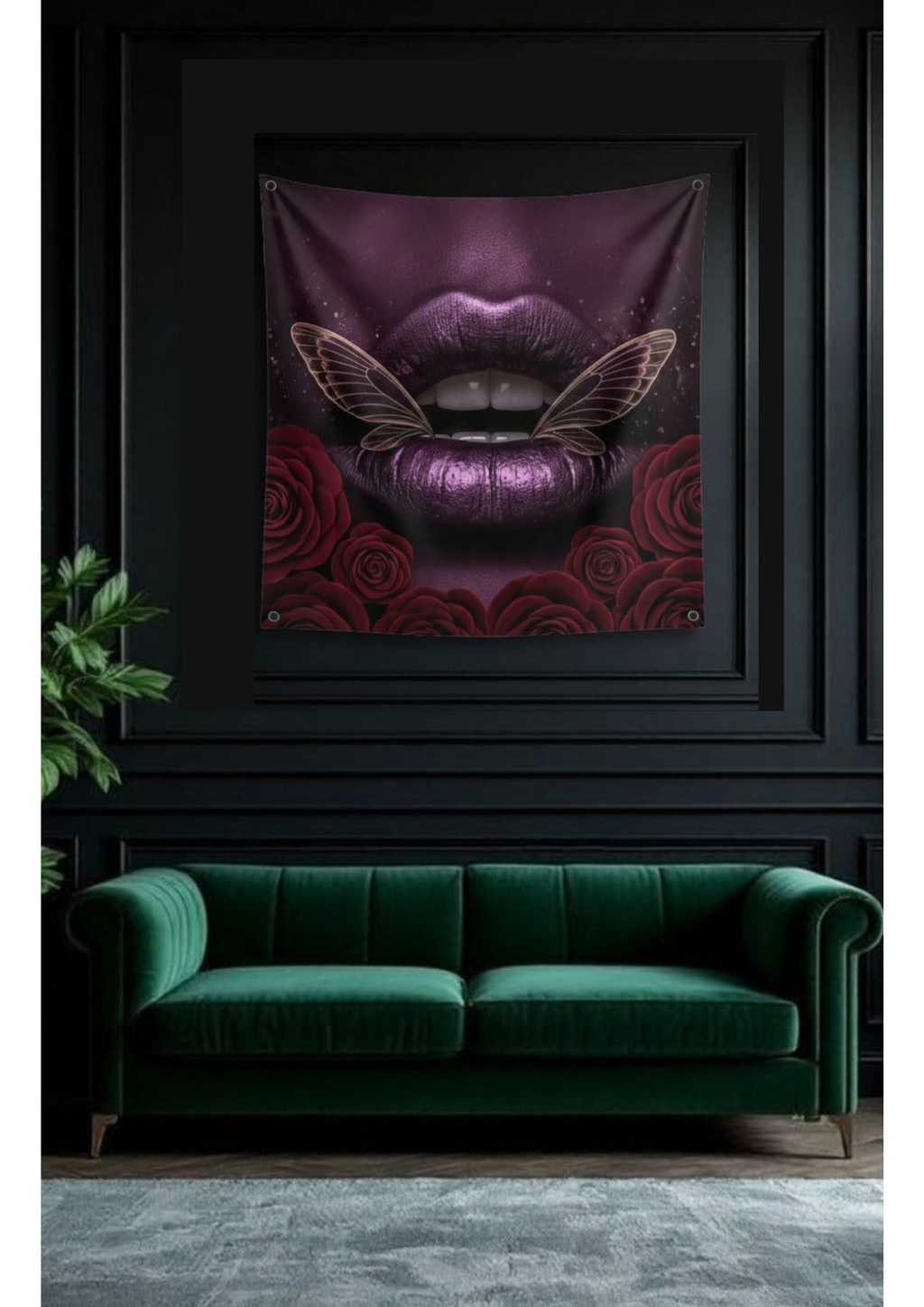 Purple butterfly lips rose velvet wall tapestry – room mockup showing tapestry hung on bedroom wall