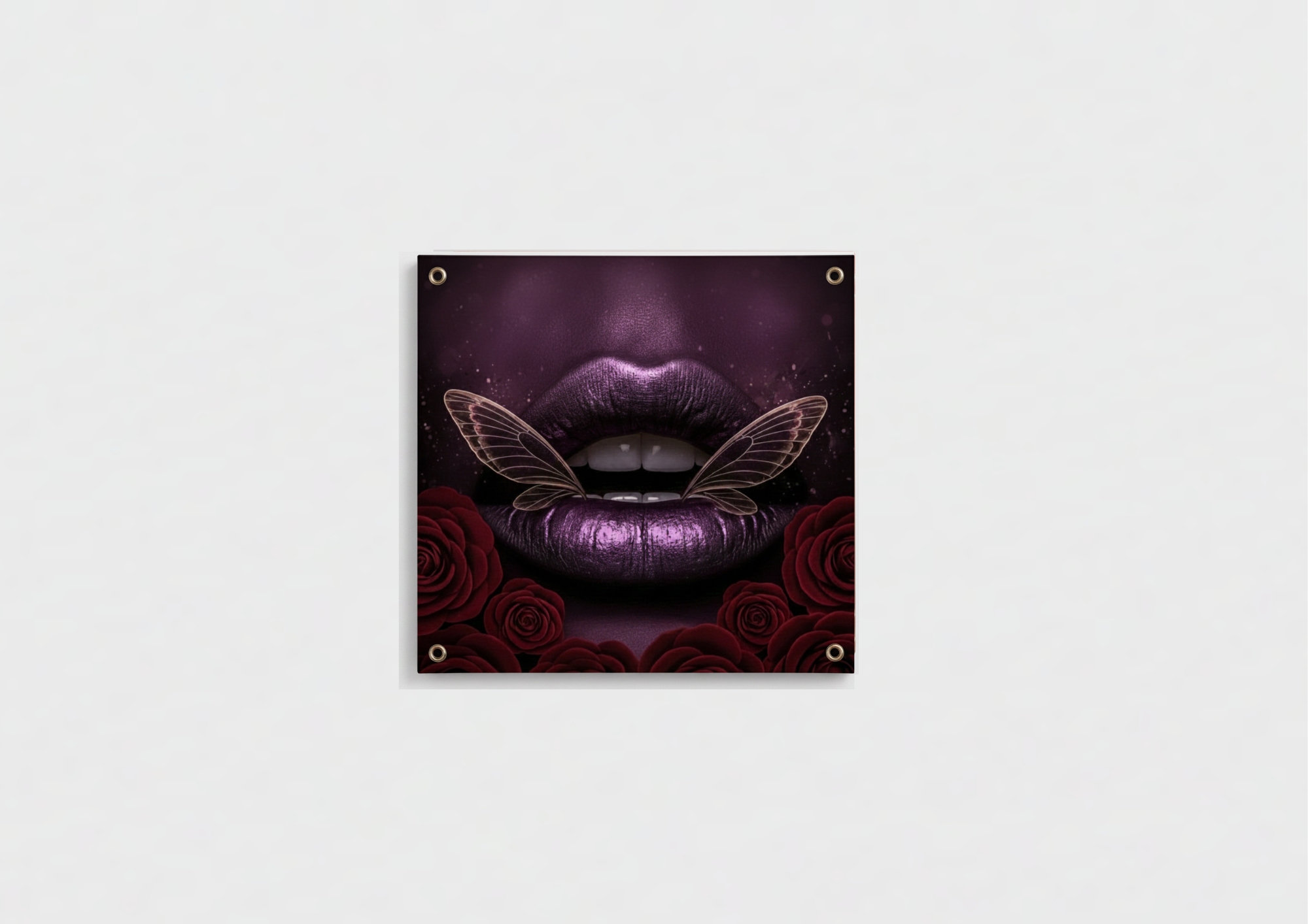 Purple butterfly lips rose velvet wall tapestry – metallic purple lips with butterfly wings mid-flutter and red roses flat product view