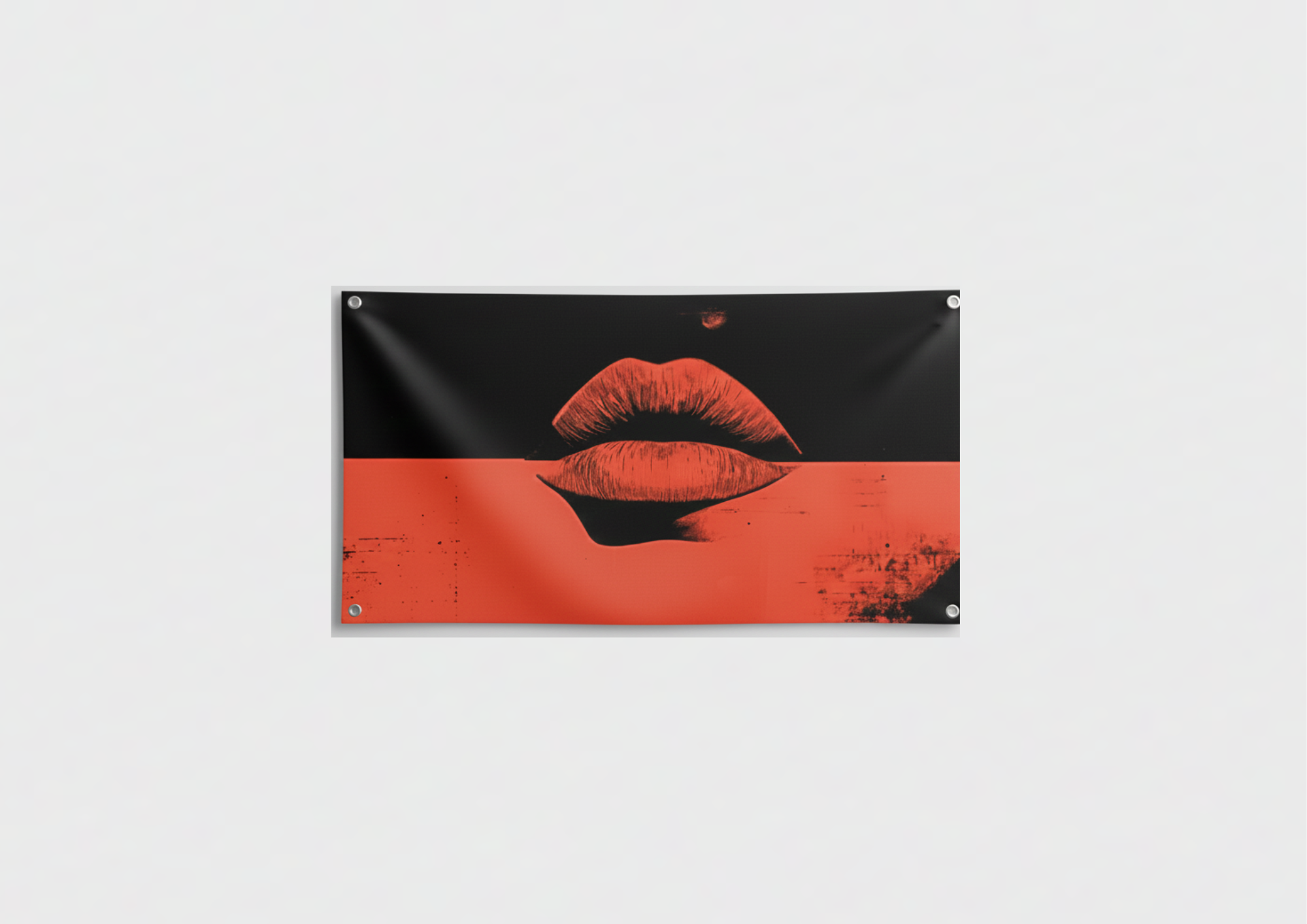 Red black lips split velvet wall tapestry – etched lips on split black and coral red canvas with distressed screen-print texture flat product view