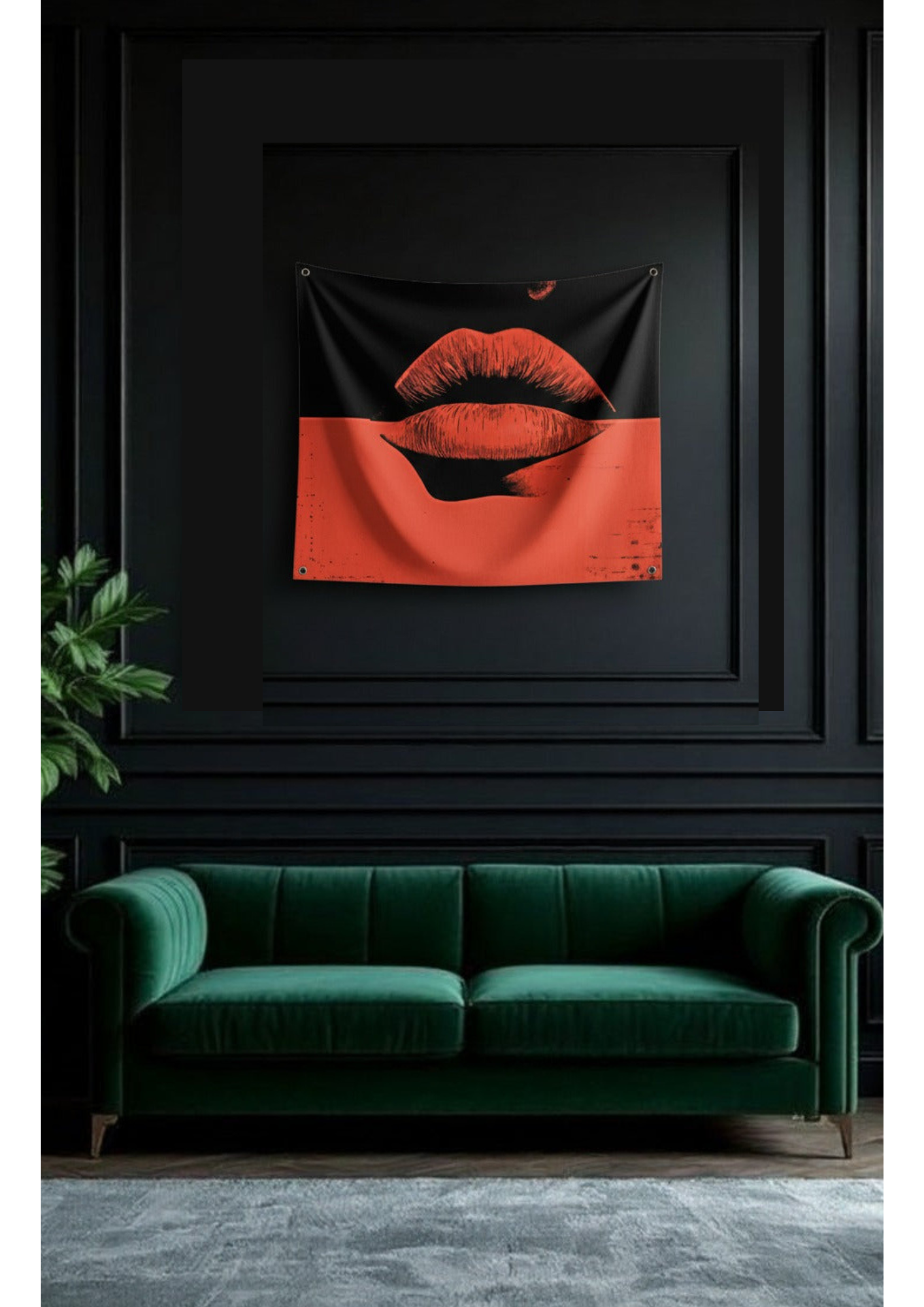Red black lips split velvet wall tapestry – room mockup showing tapestry hung on bedroom wall