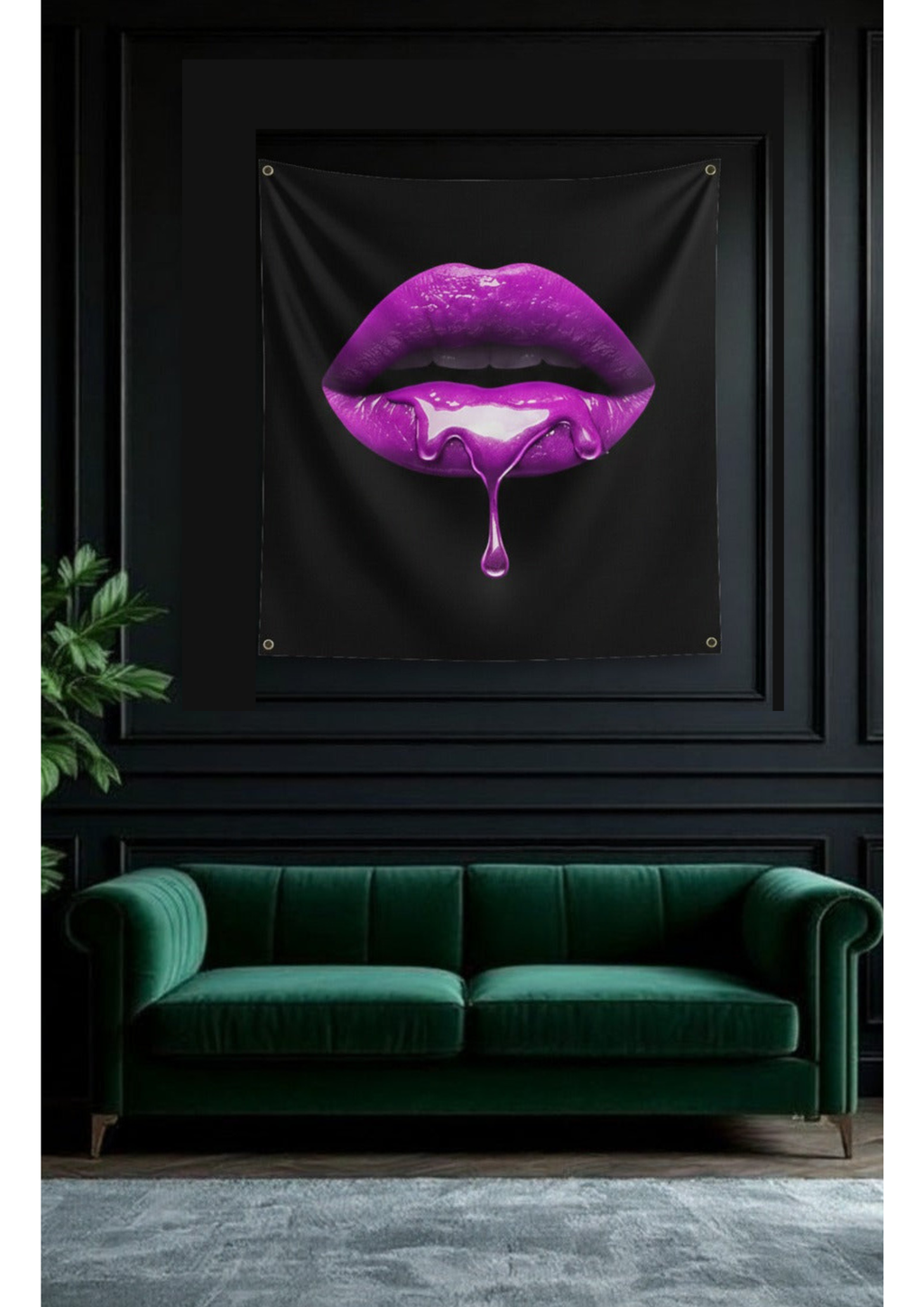 Purple dripping lips velvet wall tapestry – room mockup showing tapestry hung on bedroom wall