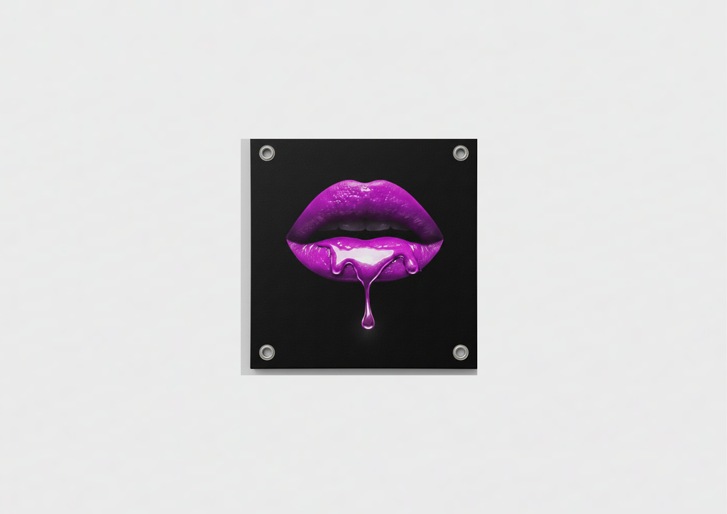 Purple dripping lips velvet wall tapestry – neon purple paint dripping lips on jet black background flat product view
