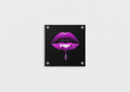 Purple dripping lips velvet wall tapestry – neon purple paint dripping lips on jet black background flat product view