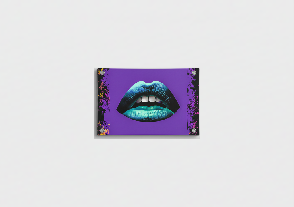 Teal lips pop art velvet wall tapestry – electric teal and blue lips on bold purple background with black ink splatter edges flat product view