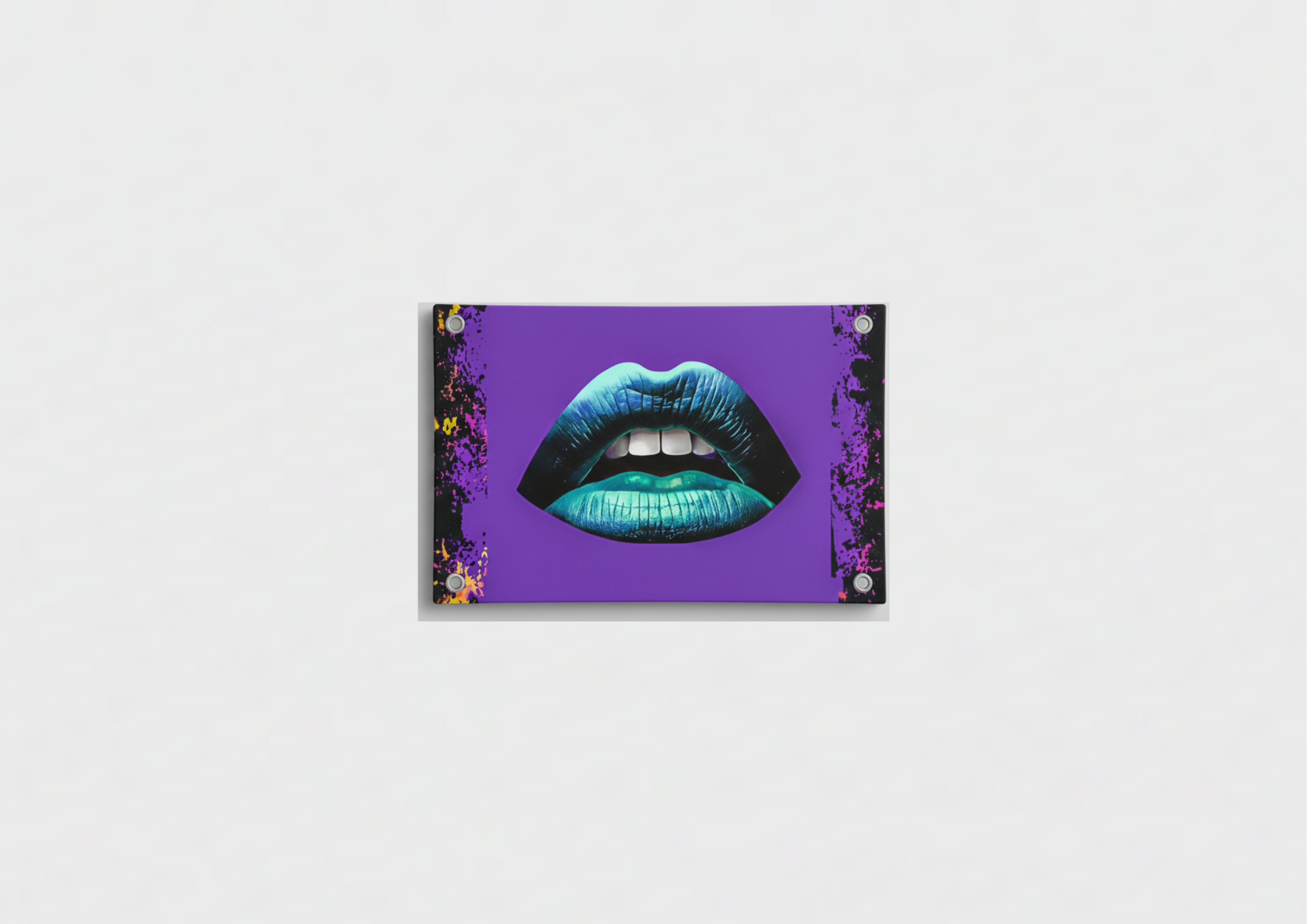 Teal lips pop art velvet wall tapestry – electric teal and blue lips on bold purple background with black ink splatter edges flat product view