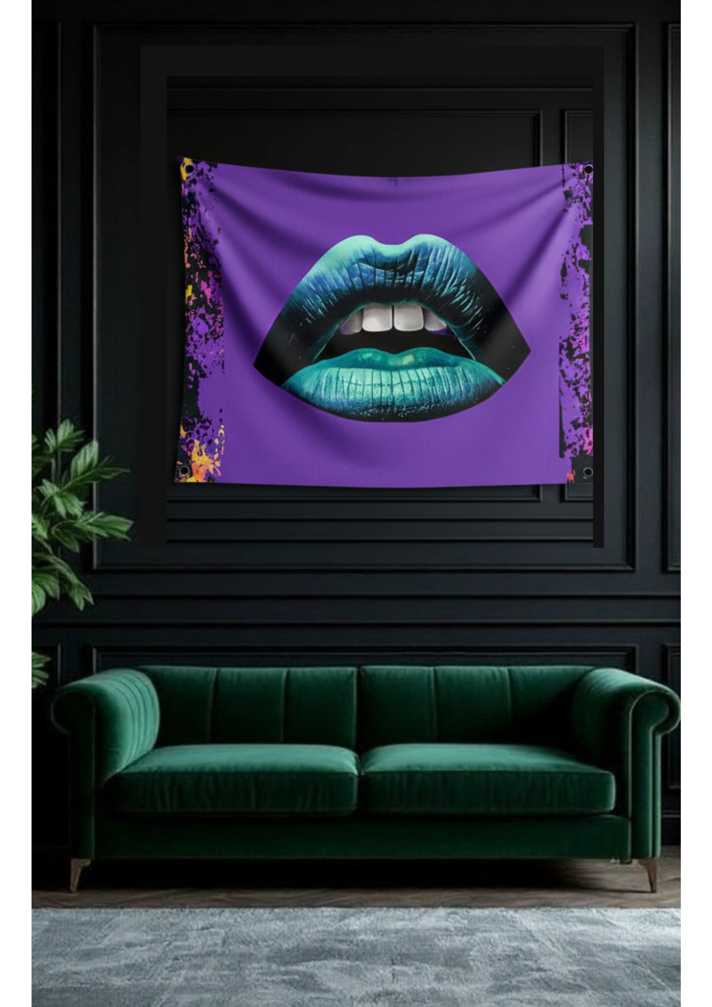 Teal lips pop art velvet wall tapestry – room mockup showing tapestry hung on bedroom wall
