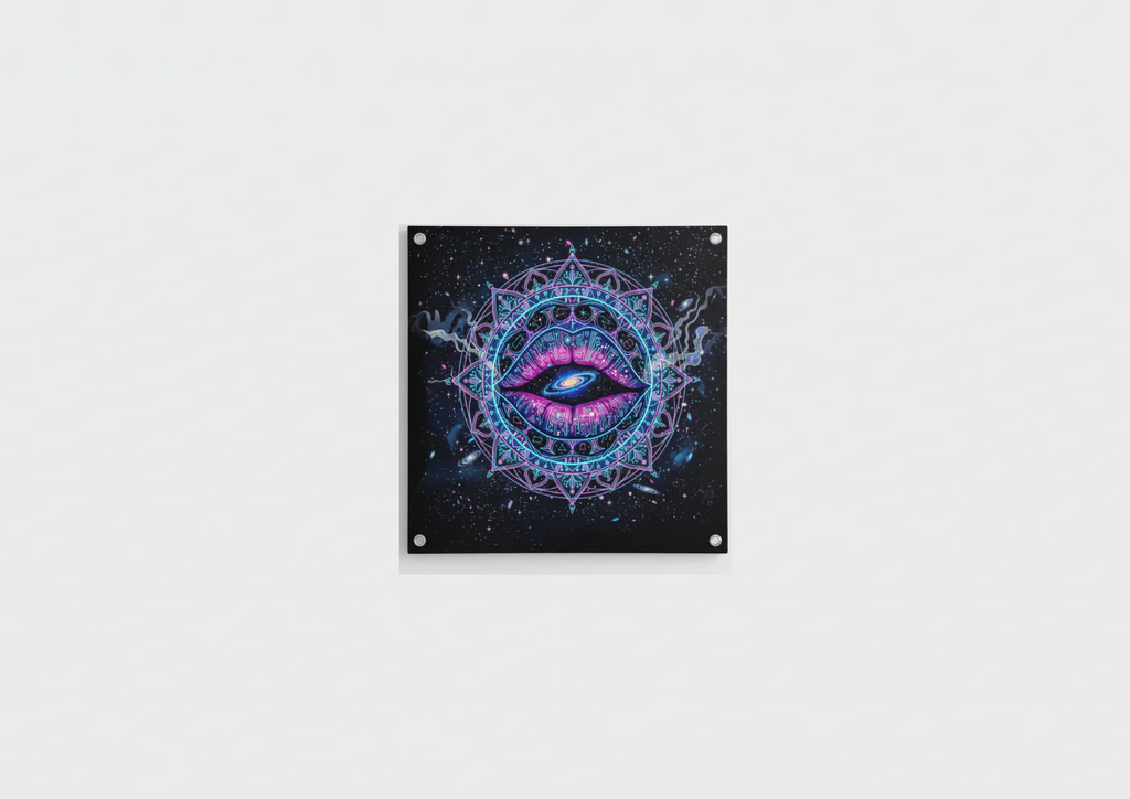Cosmic eye mandala velvet wall tapestry – galaxy swirling inside an eye with neon geometric mandala on deep space background flat product view