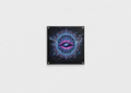 Cosmic eye mandala velvet wall tapestry – galaxy swirling inside an eye with neon geometric mandala on deep space background flat product view