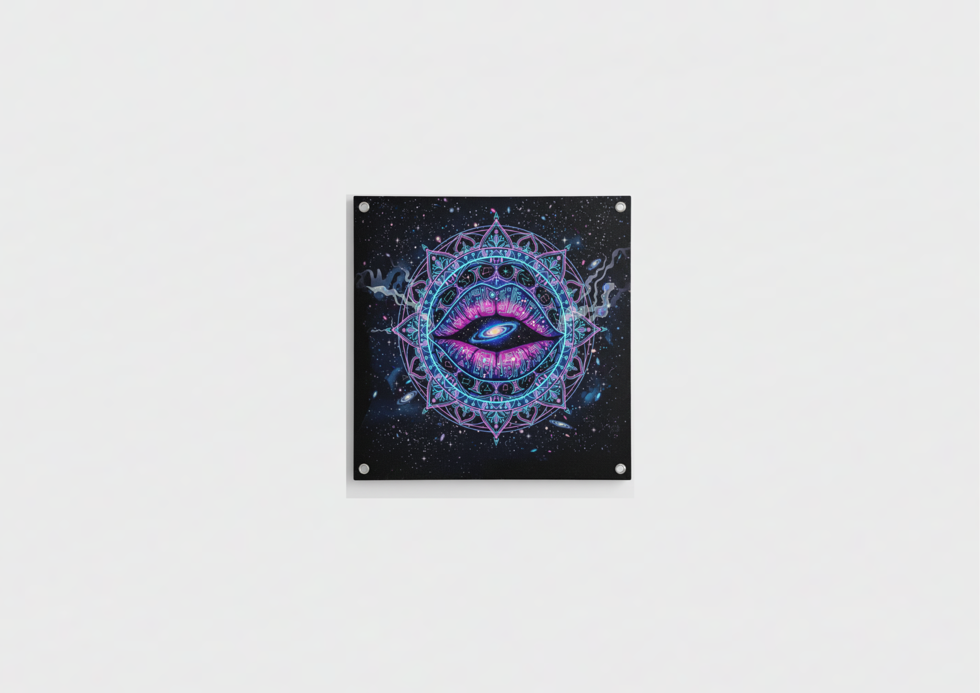 Cosmic eye mandala velvet wall tapestry – galaxy swirling inside an eye with neon geometric mandala on deep space background flat product view