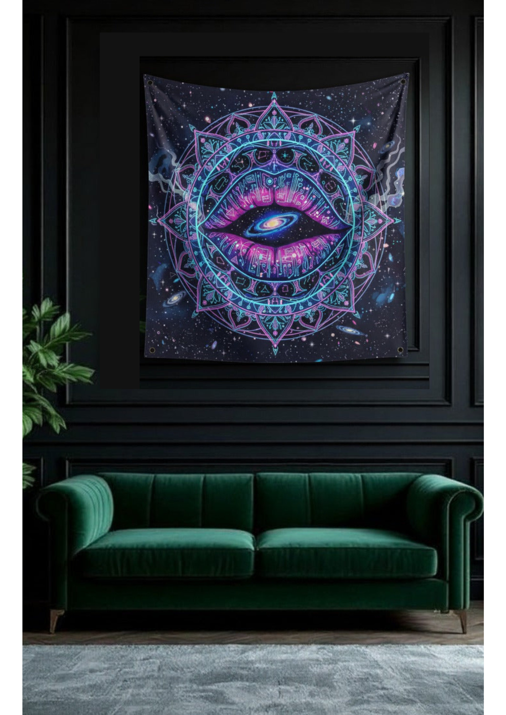 Cosmic eye mandala velvet wall tapestry – room mockup showing tapestry hung on bedroom wall
