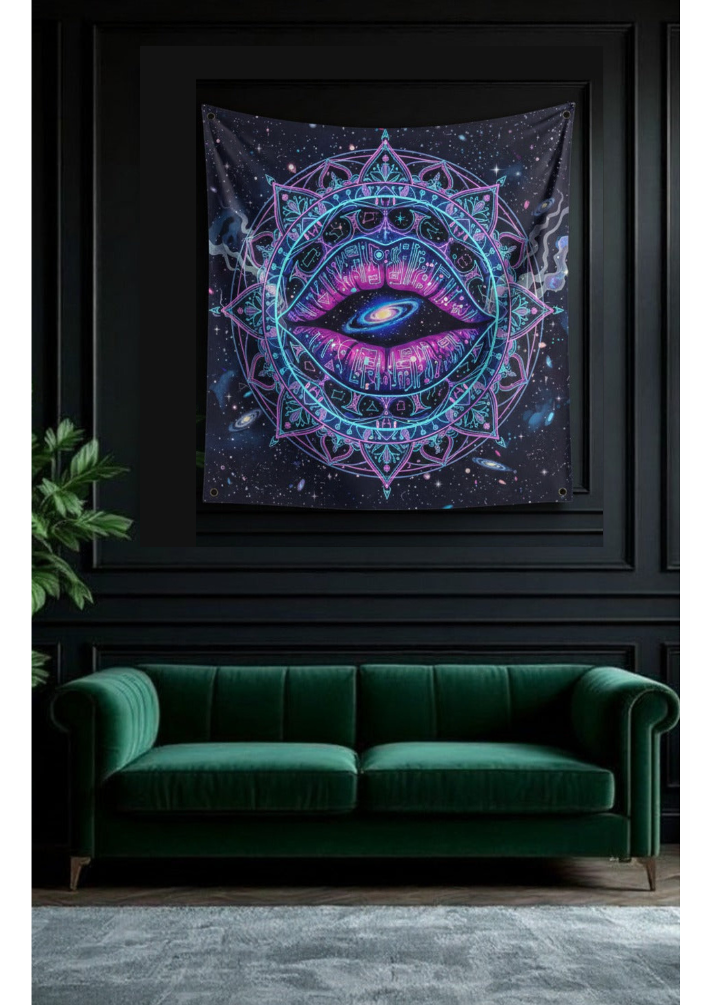 Cosmic eye mandala velvet wall tapestry – room mockup showing tapestry hung on bedroom wall
