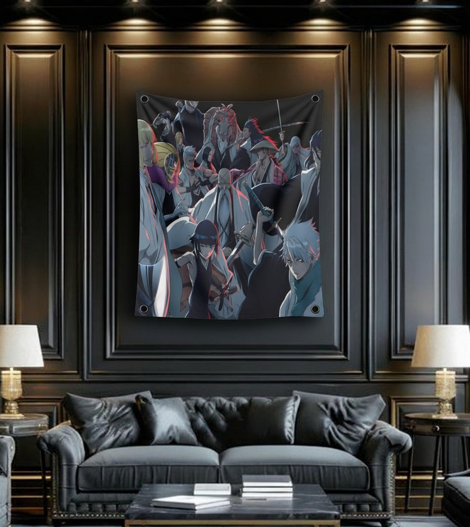 Nanami Kento velvet wall tapestry – JJK bold comic art mockup on bedroom wall