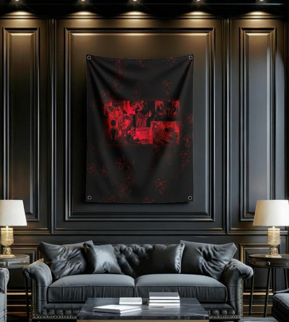 Berserk Dark Fantasy velvet wall tapestry – dark red and black horror manga art mockup on bedroom wall