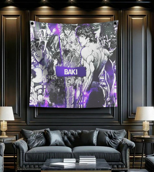 Baki Hanma velvet wall tapestry – dark purple manga collage art mockup on bedroom wall