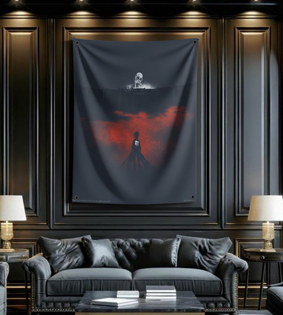 Attack on Titan Eren Yeager velvet wall tapestry – cinematic dark red anime art mockup on bedroom wall